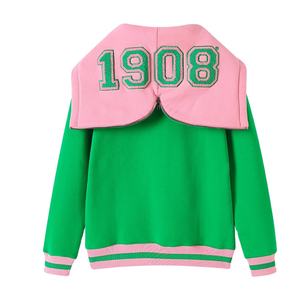 Sweat-shirt en chenille vert imprimé hiver durable AKA 1908, bande rose respirante, bord côtelé doré, poche kangourou - Product Image 2