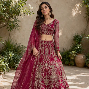 ชุดเลเฮนกาโชลีปักลายสีมารูนสำหรับเจ้าสาว พร้อมผ้าคลุมไหล่เน็ต – งานปักดิ้นทองและเลื่อมอย่างประณีต ชุดแต่งงานดีไซเนอร์สำหรับผู้หญิง - Product Image 1