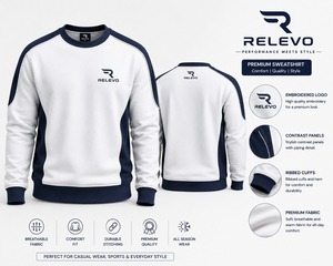เสื้อสเวตเชิ้ตปักลาย RELEVO สำหรับผู้ชาย ทรงปกติ คอกลม สไตล์สปอร์ต สีขาวกรมท่า แผงตัดสี ใส่ได้ทุกฤดู - Product Image 6