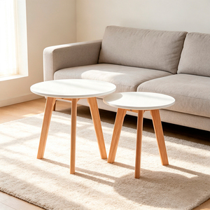 Modern Round <b>Nesting</b> <b>Coffee</b> <b>Table</b> <b>Set</b> MDF Paper Top with Wood Effect Metal Legs Living Room Furniture - Product Image 2