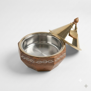 Luxury Ramadan Wooden Hotpot <b>Buffet</b> Set Premium Brass Conical Lid Food <b>Warmer</b> with Mother of Pearl Inlay Casserole Set Bulk - Product Image 3