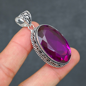 Magnifique pendentif en tourmaline rose et quartz, pierre précieuse créée en laboratoire, en argent sterling 925, fait main, bijou statement, cadeau, très demandé - Product Image 3
