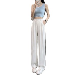 High <b>Waist</b> Pleated Satin Straight Pants Women Loose Ankle-Length Solid Color Button Fly Casual Summer <b>Trousers</b> Green - Product Image 6