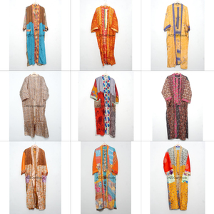 Handmade Knitted Silk Patchwork V-neck Drawstring Closure Full Length Long Sleeve Soft Breathable Quick Dry Women's Robe Lounge - Product Image 1