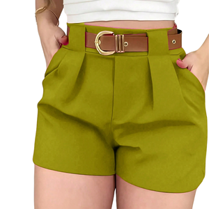 Pantalones Cortos Bermuda Casuales para Mujer, Corte Holgado, Transpirables, de Secado Rápido, Tejido 100% Poliéster, Cintura Alta, Cierre de Cremallera, Bolsillos, Cinturón, Primavera - Product Image 1