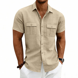 OEM Mens <b>Linen</b> Short Sleeve <b>Shirt</b> Outdoor Commuter Workwear Casual Loose Fit Multi Pocket European American <b>Summer</b> Mens <b>Shirt</b> - Product Image 4