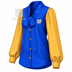 Blusa de satén de la hermandad Sigma Gamma Rho con cuello de lazo y logotipo bordado, manga abullonada, blusa azul y dorada a la moda para mujer - Product Image 2