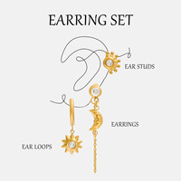 Ensemble de boucles d'oreilles soleil, lune et étoile en acier inoxydable plaqué or 18 carats pour femmes