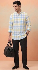 เสื้อเชิ้ตผู้ชาย Enovate สีเหลือง-น้ำเงิน ลายสก็อต ผ้าฝ้ายทอ กระดุมสองแถว แขนยาว ปกคอพับ ระบายอากาศได้ดี สไตล์ฤดูร้อน - Product Image 3