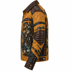 Yellow Mens Leather Jacket Tiger Graphic Print Spiked <b>Studded</b> Biker Coat Lapel Collar Custom OEM ODM Factory Wholesale Supply - Product Image 4
