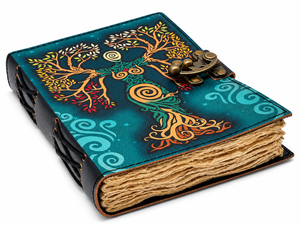 Handmade Embossed Leather Journal <b>with</b> Tree Design, Antique Metal <b>Lock</b>, Deckle Edge Paper and Rustic Artisan Bound Cover - Product Image 1