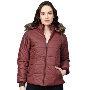 Women's Burgundy <b>Quilted</b> <b>Jacket</b> With Fur Trim Hood Full Sleeve Winter Coat Zipper Closure Standard Thickness - Product Image 3