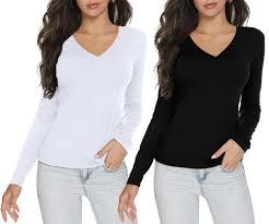 T-shirt en polyester pour femme, col en V, manches longues, coupe ajustée, imprimé uni, respirant, idéal pour l'été et les tenues décontractées – Grande Vente - Product Image 3