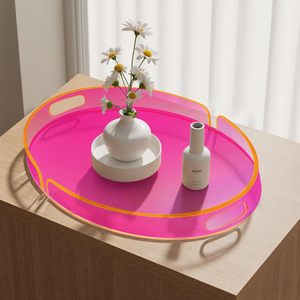 Acrylic Serving Tray with Handles <b>Large</b> Decorative Ottoman Tray 17x13'' Round for Bathroom Food Coffee Fruit Snack Tea Dinner - Product Image 4