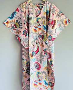 Robe Kaftan Élégante Vintage Coupe A-Line Ample Longueur Genou en Coton pour Femme, Manches 3/4, Col en V, Imprimé Floral, Dentelle Respirante - Product Image 5