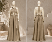 Robe longue bohème tissée à col montant pour femme, avec découpes à la taille, dos nu, fluide, pour soirée et vacances, avec liens à nouer au dos et fente latérale