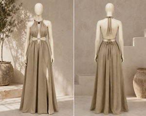 Halter Neck Maxi Dress for Women Cutout Waist Summer Beach Dress Backless Flowy Vacation Outfits Back Tie Side Slit Dress - Product Image 3