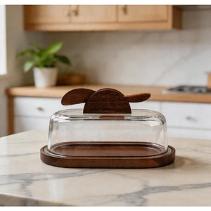 Premium Quality Wooden And Glass <b>Lid</b> Butter Dish Perfect For Display And Gifting <b>Decorative</b> Tableware Butter Keeper From India - Product Image 3