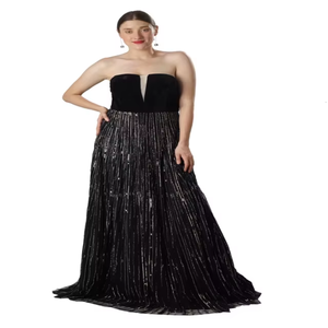 Vestido Negro Brillante sin Tirantes con Falda Larga Plisada y Fluida |   Vestido de Noche con Escote en V para Mujer, para Eventos Formales - Product Image 2