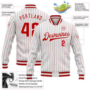 Custom Men's White Red Striped Varsity Jacket Personalized Name Number Front Logo Autumn Casual Wear - Product Image 2