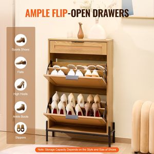 Scarpiera stretta in legno chiaro colore Rattan 2 cassetti ribaltabili 1 cassetto scorrevole sottile ingresso ingresso armadio Organizer con gambe in metallo - Product Image 4