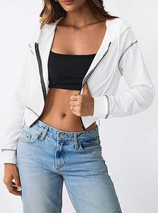 Women's White <b>Cropped</b> Hoodie <b>Zip</b>-<b>Up</b> Sweatshirt Full Sleeve Solid Color Knitted Polyester Spring Wear - Product Image 2