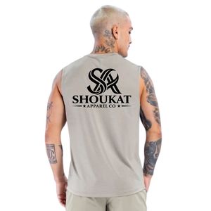 เสื้อกล้ามสีเบจอ่อนสำหรับผู้ชาย พิมพ์โลโก้ SHOUKAT แบบกำหนดเอง สำหรับออกกำลังกาย ฟิตเนส เพาะกาย ฝึกซ้อม เล่นกีฬา - Product Image 2