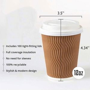 แก้วกาแฟกระดาษสีน้ำตาลแบบลูกฟูกขนาด 12 ออนซ์ 50 ใบ พร้อมฝาปิด เป็นมิตรกับสิ่งแวดล้อม รีไซเคิลได้ - Product Image 4