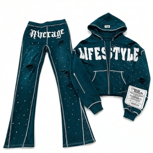 Survêtement homme streetwear coupe ample, effet vieilli, avec broderie et appliques, délavage acide, fermeture éclair, strass, en tissu premium - Product Image 1