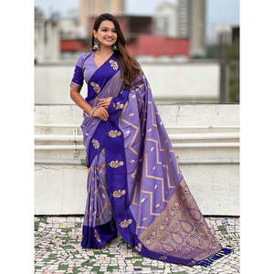 Sari de Seda Suave Violeta Elite Weaves, Diseño Dusty Concept, Tejido Zig Zag Zari, 650g, para Bodas - Product Image 1