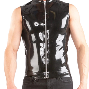 Men's Sleeveless High Collar Neoprene Vest <b>Gothic</b> Style Slim Fit Solid Black Glossy Front Zip Design - Product Image 5