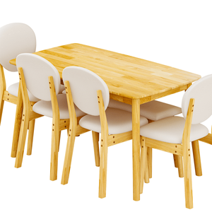 "Natural Wood Finish Beige Cushions Rubberwood <b>Dining</b> Table <b>Set</b> 1 Rect Table + 4 Upholstered Chairs + 1 <b>Bench</b> for Villa" - Product Image 5