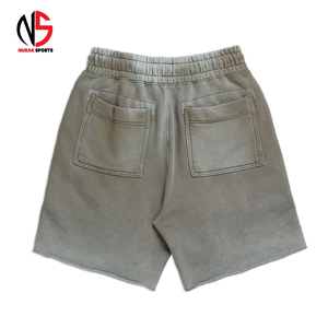 Shorts décontractés pour hommes à taille mi-haute avec cordon de serrage, en toile de coton polyester 300g, délavé à l'acide, style vintage, avec logo personnalisé, séchage rapide - Product Image 2