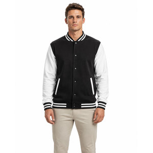 Modern Black <b>White</b> Letterman <b>Jacket</b> Classic Button Front Contrast Sleeves Comfortable Fit Casual Fashion Wear - Product Image 1