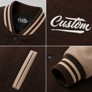 Veste universitaire personnalisée pour homme, marron beige, avec lettres brodées sur le devant, col rabattu, décontractée, en laine/polyester, coupe-vent pour l'hiver - Product Image 5