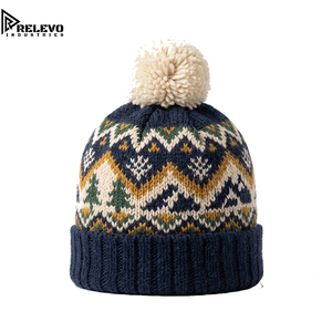 Premium Vintage Holiday Ski Beanie - <b>Navy</b>, Cream, and Mustard Multi-Color Nordic Patterned Knit Winter <b>Hat</b> with Top Pom Pom - Product Image 1