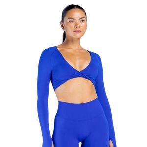 Women Royal Blue Long Sleeve Twist Front Crop Top Matching Leggings <b>Set</b> Slim Fit <b>Activewear</b> Gym Wear Fashion Sportswear - Product Image 6