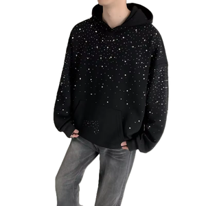 Sweat-shirt à capuche court noir pour homme avec imprimé à pois en strass, coupe ample, style décontracté, style automne - Product Image 6