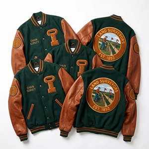 OEM Custom Varsity Letterman Jacket Wool Leather Sleeves Hydrologic Survey River Embroidery <b>Bench</b> Mark Patch Olive <b>Coat</b> - Product Image 3