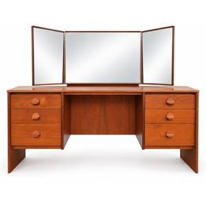 Mid-Century Danish Modern Teak Double-Pedestal <b>Vanity</b> Desk with Tri-Fold Mirror & 6 Drawers - Product Image 1