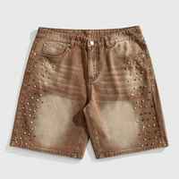 Pantalones Cortos de Mezclilla Personalizados para Hombre, Cintura Media, Corte Recto, Estilo Urbano, Bordado de Diamantes, Transpirables, Ecológicos, 100% Algodón, Lavado Claro