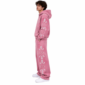 Men's <b>Pink</b> Hooded Tracksuit Full Length Loose Fit Casual <b>Sweatshirt</b> And Pants Set With Floral Print Side Pockets Autumn Wear - Product Image 2