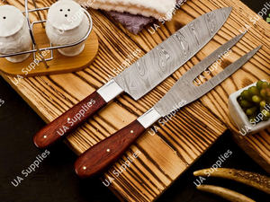 Juego de Cuchillos de Cocina Profesionales de 2 Piezas de Acero de Damasco - Cuchillo de Chef para Rebanar + Tenedor de Acero, Hoja con Patrón Ondulado, Mango Ergonómico de Madera OEM - Product Image 2