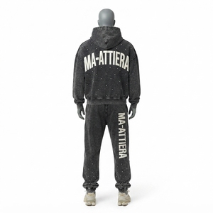 Conjunto de Sudadera con Capucha y Pantalones Jogger para Hombre, Personalizado, con Lavado Ácido, Gris, con Pedrería, de Algodón y Felpa, Estilo Urbano, Talla Grande, OEM, Venta al Por Mayor - Product Image 3
