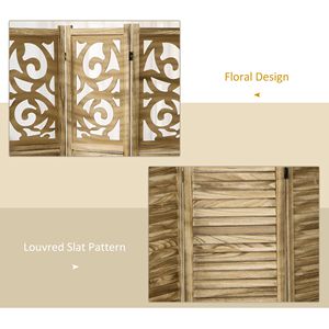 Handcrafted 3-Panel Wooden Room Divider Double Hinged <b>Folding</b> Privacy <b>Screen</b> Traditional Design Brown for Home Office 63x67x075 - Product Image 4
