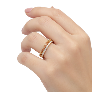 Double Band Clover Designer Ring 18K Solid Gold Four Leaf Ring Full Eternity Engagement Band Minimalist Round Lab Diamond Ring - Product Image 6
