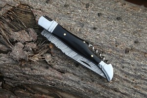 Cuchillo Plegable Artesanal Industrial/DIY de 9 Pulgadas con Hoja de Acero de Damasco y Mango de Cuerno, Cuchilla Recta de Cambio Rápido con Punta Clip para Camping - Product Image 5