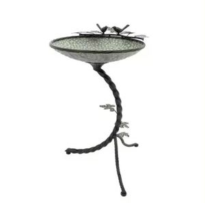 Mangeoire à oiseaux en aluminium avec feuille, pour 2 oiseaux, couleur noir et vert, pour jardin extérieur, produits artisanaux, design standard - Product Image 1