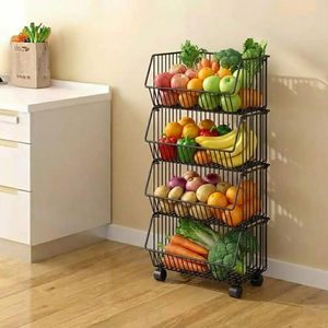Four Tier <b>Wire</b> Storage <b>Rack</b> With Wheels For Kitchen Food Organization Modern Standing Type Non Folding Metal Basket - Product Image 1
