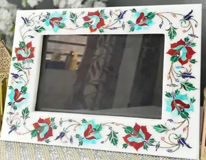 Stone Era Handcrafted <b>White</b> Marble Photo <b>Frame</b> Colorful Floral Inlay Art for Lightweight Decorative Tabletop Home Gift - Product Image 4
